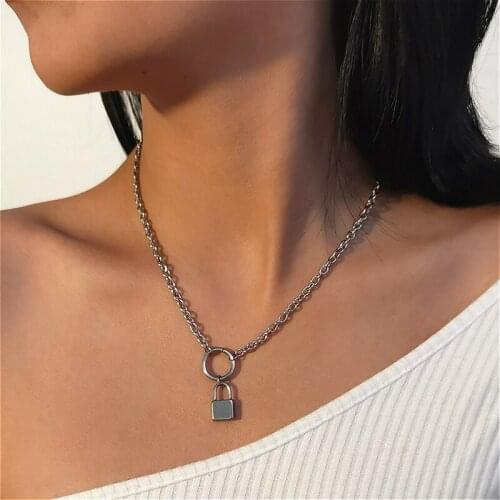 Trendy Lover Lock Pendant Necklace Female 2020 Simple Geometric Lock-shaped Stainless Steel Chain Neckalces Jewelry