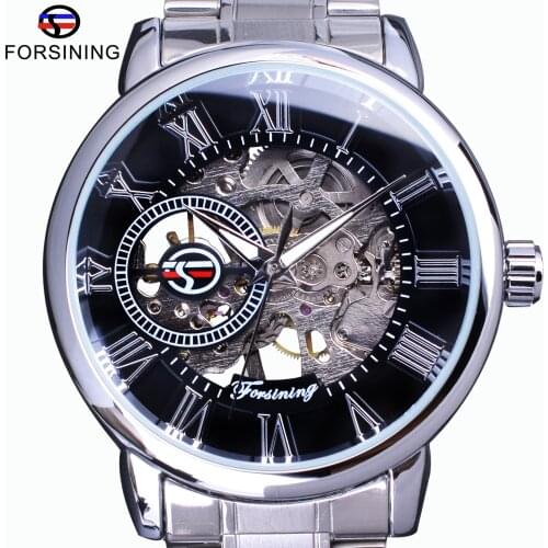 Forsining Classic Retro Series 3D Logo Transparent Dial Silver Steel Skeleton Clock Men Watch Top Brand Luxury Mechanical Watch