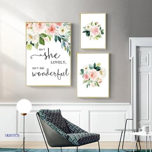 Wall Art Pink Floral Canvas Painting Watercolour Flower Quotes Posters and Prints Decorative Pictures For Girls Room Nursery