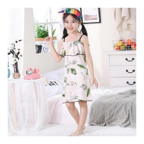 Kids Summer Girl Green leaf pattern Silk Satin Soft Nightdress Sleepwear Pajamas Nightwear Homewear Sling Dress Nightgowns 2-12y