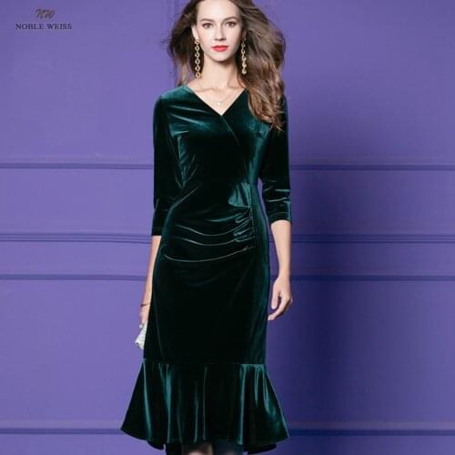 Dresses Woman Party Night V-Neck Knee-Length Cocktail Dresses Pleat Mermaid VELOUR Prom Dress