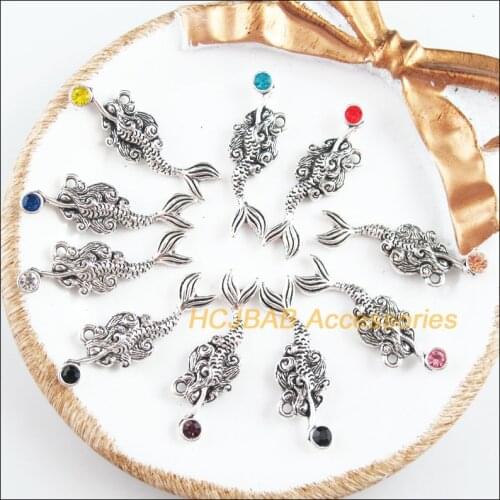 10Pcs Tibetan Silver Tone Retro Mermaid Mixed Crystal Charms Pendants 10.5x32mm