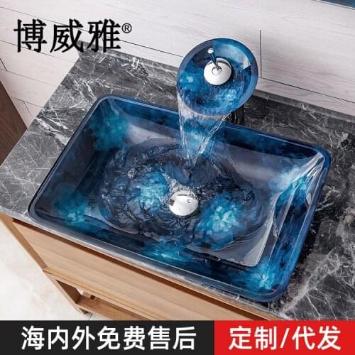 Boweiya bathroom blue sky and white clouds hand-painted craft basin tempered glass wash basin bathroom wash basin