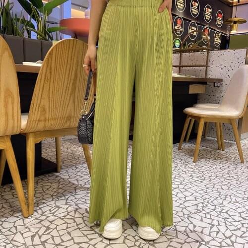 Plus Size Pants For Women 45-75kg 2021 Summer New Solid Color Stretch Miyake Pleated Wide Leg Trousers Ankle Length
