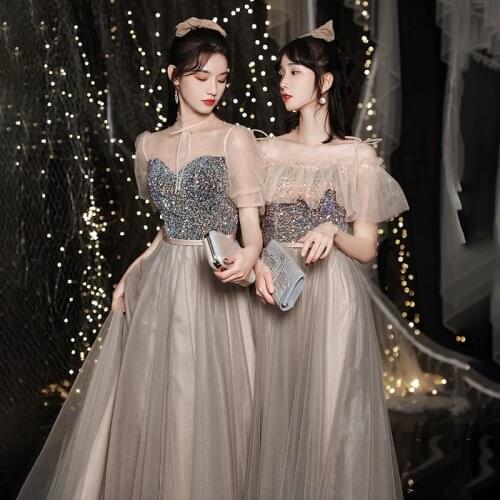 Fairy Bridesmaid Dress Bling Sequins Evening Party Dress Temperament Long Mesh Dres A-line Slim Celebrity Banquet Dress