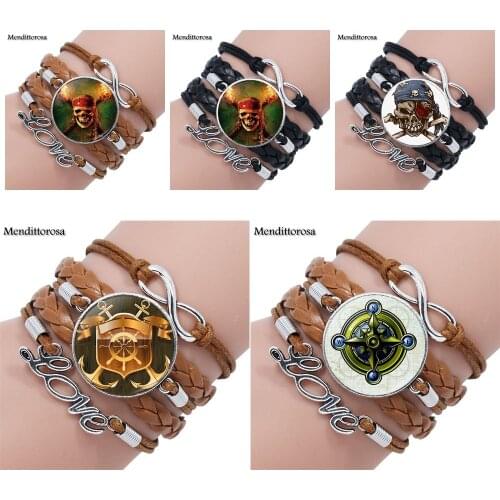 Mendittorosa Glass Cabochon Maxi Multilayer Black/Brown Leather Bracelet Bangle Jewelry For Kids Captain Jack Portrait