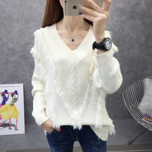 Autumn Spring V Neck Sweater Women Female Oversize Pullover Sweater White Fluffy Fashionable Hollow Bat Sleeve Knitted Clothing
