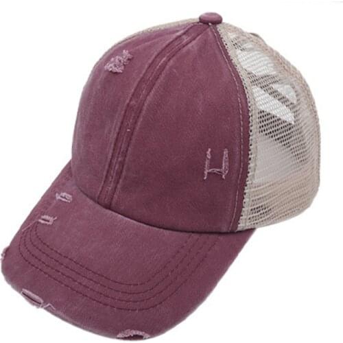 Washed Distressed Cotton Criss-Cross Ponytail Bun Hat Messy High Bun Ponycaps Mesh Plain Trucker Baseball Cap Bundle Hair Tie