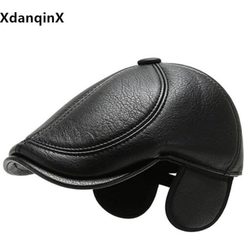 XdanqinX Winter Faux Leather Hat Men Warm Berets Thick Earmuffs Hat Middle-aged Mens PU Leather Cap Adjustable Size Tongue Caps