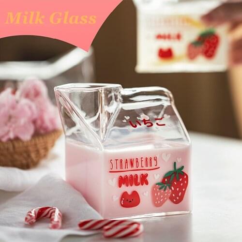 Japanese glass milk cup square milk box microwave oven can heat household creative breakfast cup lovely strawberry