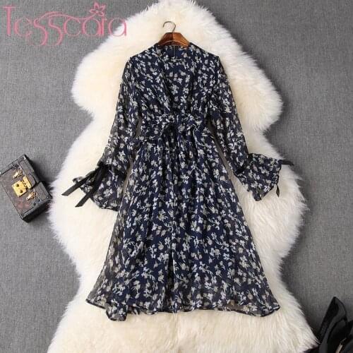 TESSCARA Women Runway Designer Elegant Chiffon Dress High Quality Flare Sleeve Cocktail Party Robe Femme Short Casual Vestidos