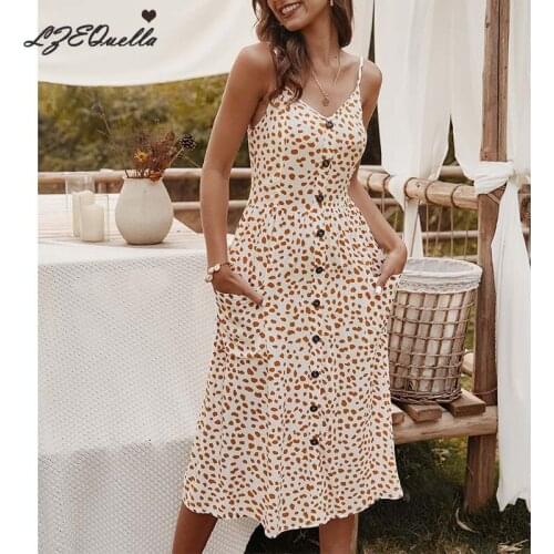 LZEQuella Sexy V Neck Backless Floral Summer Beach Dress Women Boho Print Button Pocket Polka Dot Party Midi Dresses NZ3020
