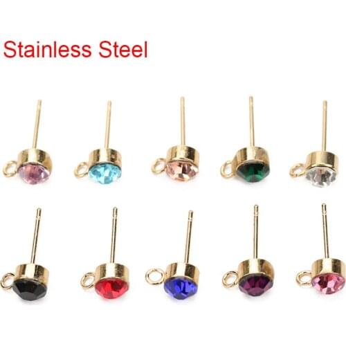 10pcs Stainless Steel Hypoallergenic Stud Earring Earing Post Ear Pins With Cubic Zirconia Stones Diy Jewelry Making Findings
