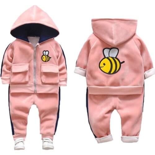 Toddler Winter Warm Cute Bee Girls Clothing Set Full Sleeve Thick Plus Velvet Hooded Jacket + Pants 2Pcs Suit For Kids