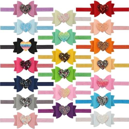 20pcs/set Children Headband Girls Hair Bow Headbands 3 Inch Non-woven Bows with Head Band Glitter Sequin Heart Shape Design