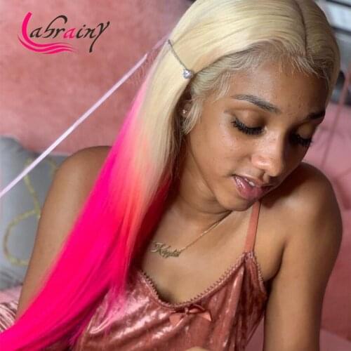 13x6 HD Transparent Ombre Pink Straight Lace Frontal Human Hair Wigs Colored Straight Remy Wig With Baby Hair Pre Plucked