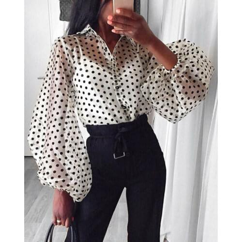 Women Polka Dot Retro Blouse Lady Spring Autumn Modern Mesh Shirt Vogue See-through Loose Button Puff Sleeve Blouse High Street