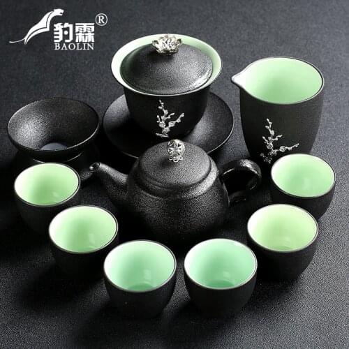 Kung Fu tea set bowl teapot teapot Teapot Tea leakage Chinese modern office set of retro porcelain black pottery tea set