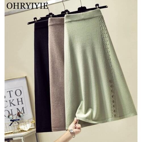 OHRYIYIE Autumn Winter Fashion Thick Long Knitted Skirt Women 2021 New High Waist Wool Button Design A-line Skirts Jupe Longue