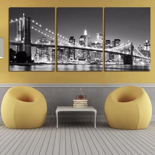 Hot Sell Modern New York Brooklyn Bridge Night Scape Wall Art Home Wedding Decorative Modular Picture Print on Canvas No Frame