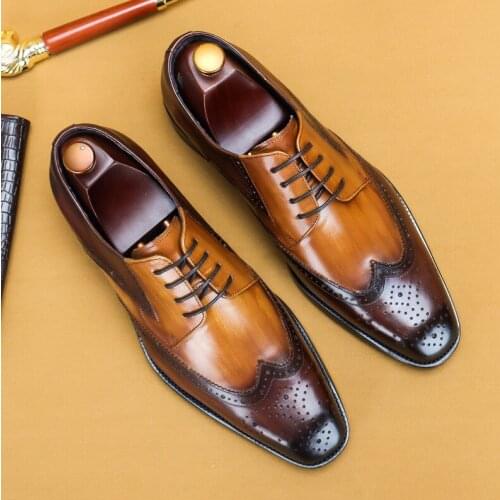 2021 Summer Handmade Mens Formal Genuine Leather Oxfords Wingtip Lace Up Dress Shoes Wedding Mens Brogues Office Italian Shoes