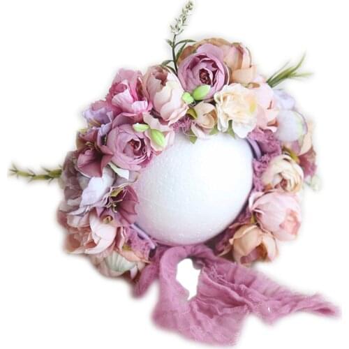 Classic Handmade Newborn Floral Bonnet Brown Vintage Baby Girl Flower hat Newborn Photography Props