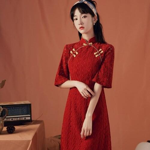 Wine-red chenille lace cheongdress middle sleeves one-button garden lapel standing collar cheongdress daily party cheongdress