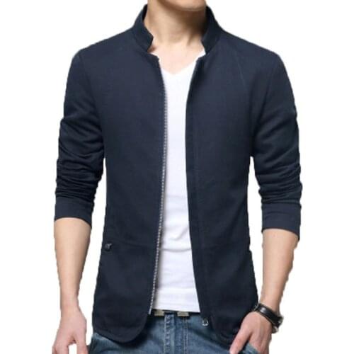 2020 Spring Autumn Men Slim Jacket Solid Standing Collar Cotton Clothing Fashion Casual Zipper Tops Hot Sale