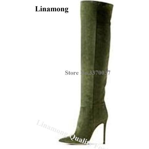 Top Brand Women Pointed Toe Suede Leather Knee High Stiletto Heel Boots Army Green Long High Heel Boots Sexy Dress Heels