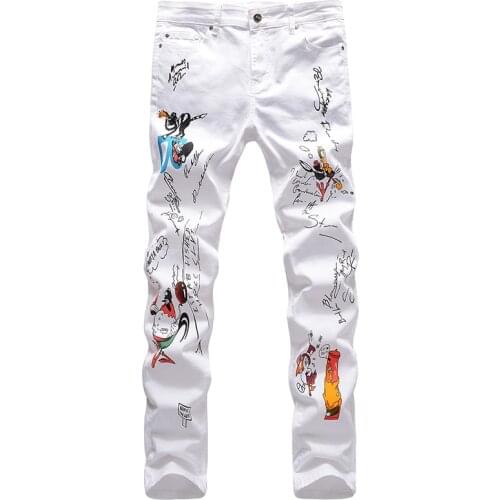 New Mens fashion white cartoon character printed jeans Fashion animal colored drawing slim straight stretch denim pants 19009