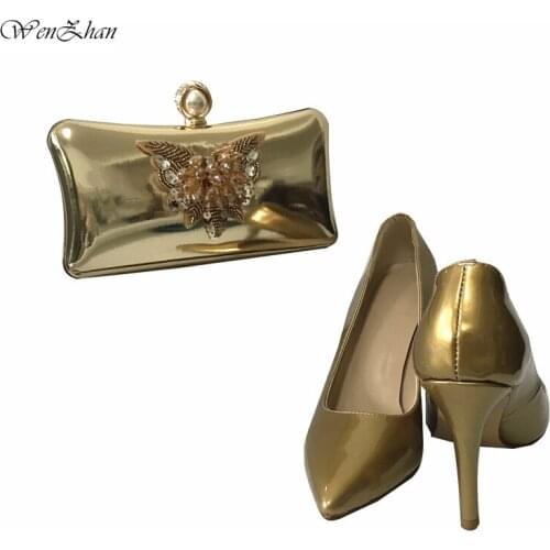 Nice Looking High Heel Shoes Patent Leather 10cm Handmade Soft Pumps With Matching Clutch Bags Sets For Party 36-43 WENZHAN