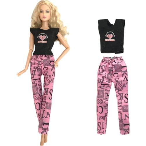 1 Set Popular Music Style Casual Sleeveless Split shirt Black T-shirt + Pink Trousers For Barbie Doll Accessories Toys 292A