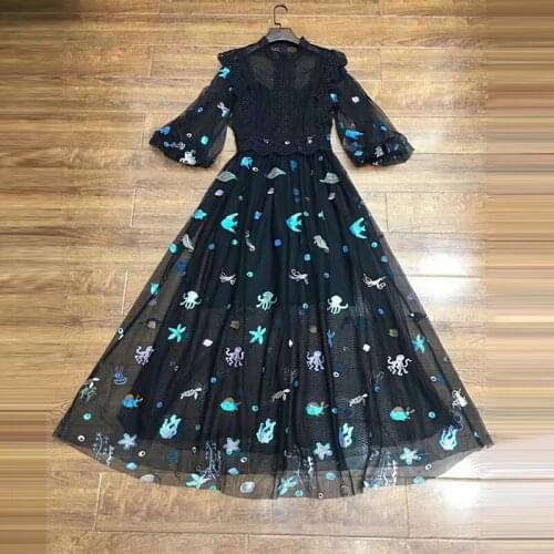 Mesh Runway Fashion Black 2021 Womens Long Sleeve Lace Patchwork Flower Embroidery Party Holiday Plus Size Dress