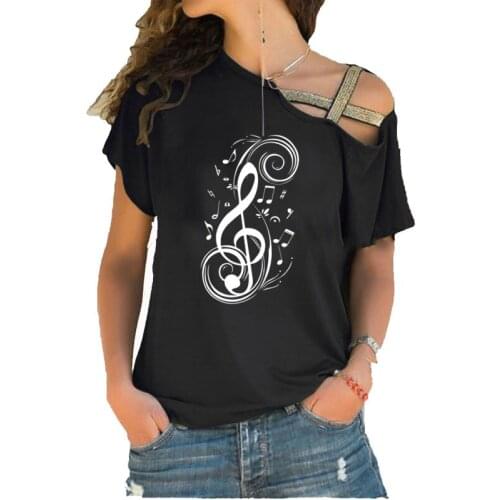Musical Note graphic Women t shirt Summer women fashion tshirt Irregular Skew Cross Bandage cotton tee tops