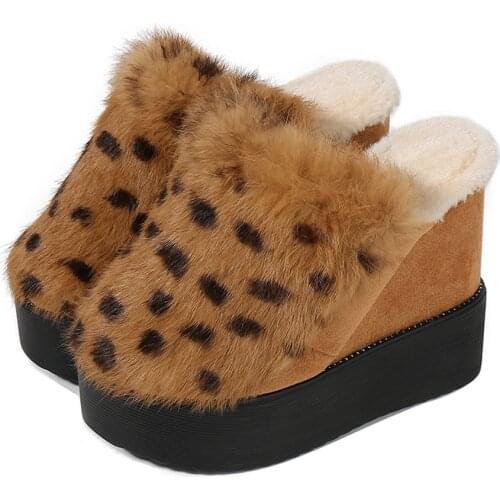 OLOMLB Womens Real Rabbit Fur Furry Platform Wedge High 12CM Heel Warm Winter Mules Slipper Plush Slides Shoes 8Colors New 2020