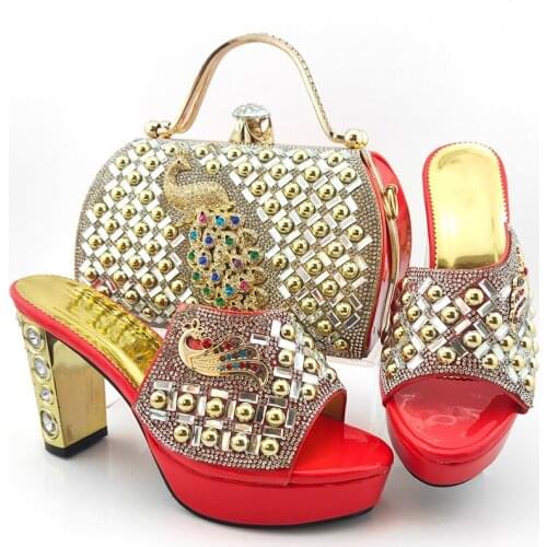 Wonderful coral women pumps with crystal decoration heel style african dress shoes match handbag set MD015,heel 10.5CM