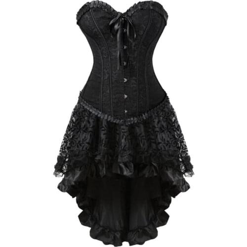 Gothic Vintage Ruffled Floral Lace Up Corset Dress Burlesque Corset and Skirt Set For Women Plus Size