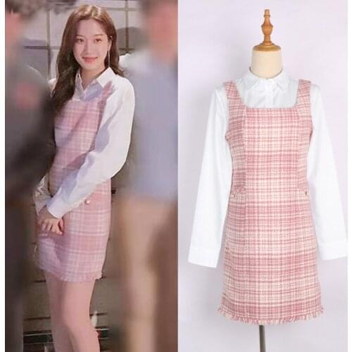 2 Piece Set Women Korean Drama TV Star Moon Ga Young Pink Plaid Dress And White Shirt Two Piece Sets Ladies Elegant Party Suits