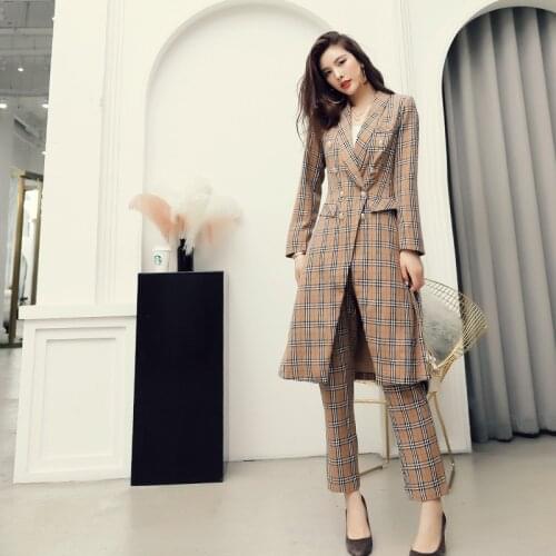 Professional womens suit pants two-piece suit slim plaid ladies office double breasted jacket Casual trousers high quality