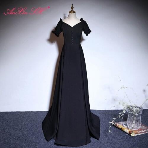 AnXin SH princess black satin evening Dress vintage ruffles v neck bride button short sleeve little bow a line evening dress