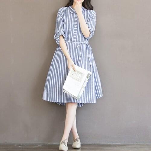 Summer Blue Striped Women Dress 2021 Elegant Preppy Style Striped Summer Dress Cotton Turn Down Collar A-Line Women Dress