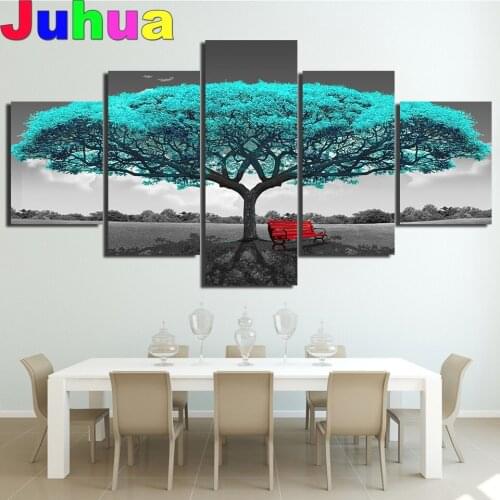 5 panel Diamond Mosaic Abstract blue tree red chair Diamond Art full square round Diamond Embroidery Painting wall Picture