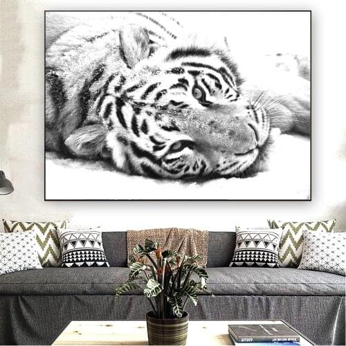 Black White Tiger Lying In The Snow Animal Canvas Painting Nodic Posters and Prints Wall Art Pictures for Living Room Home Decor