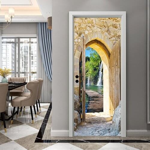 Door Stickers For Living Room Bedroom Decoration Scenic Wooden Door Arch Suspension Bridge Adhesive Wallpaper Poster Home Decor