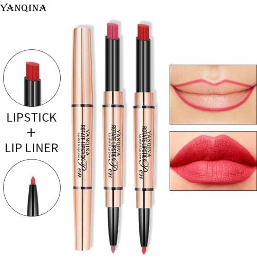 YANQINA Double-headed Lipstick 2 in1 Lip Liner Long-lasting Waterproof Small Tube Lipstick Non-stick Cup Lip Gloss Makeup TSLM1