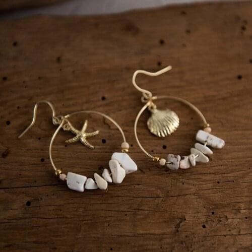 Elegant Big Natural Stone Starfish Shell Circle Drop Earrings For Women Summer Beach Asymmetric Charm Dangle Earring A673