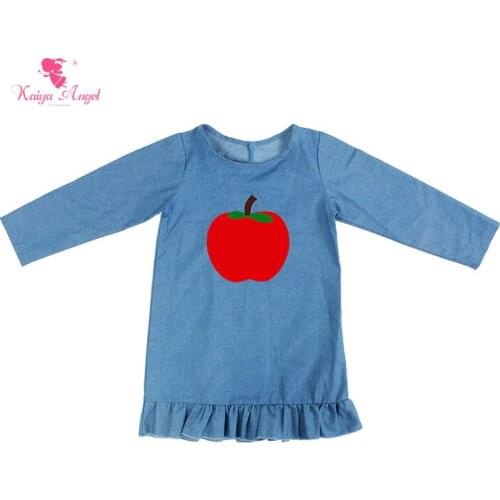 Kaiya Angel Kids Dresses Demin Long Sleeve Kids Clothes Girls Dress Baby Girl Autumn Dress With Apple Wholesale 1-8T