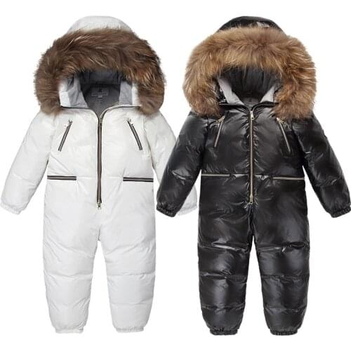 2020 Winter Boys Romper Real Fur Hood Baby Girls Jumpers White Duck Dowm Warm Children Cothes Fashion Windproof Kids Costume