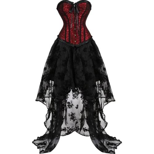 Corset Bustier Dress High and Low Skirt Set Tulle Long Lace Stripe Plus Size Gothic Burlesque Korsett for Women Black Costume
