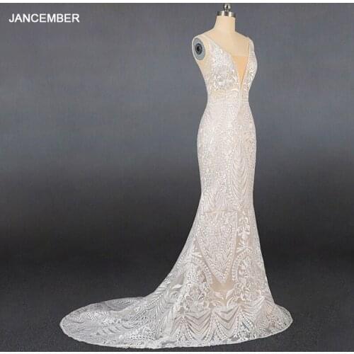 LSDZ39 JANCEMBER Sexy V-Neck Tank With Sleeveless Cheap Mermaid Wedding Dress 2021 Illusion Back Appliques Backless